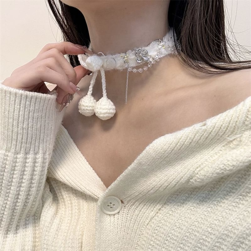 Fabric Bead Cherry Choker Fringed