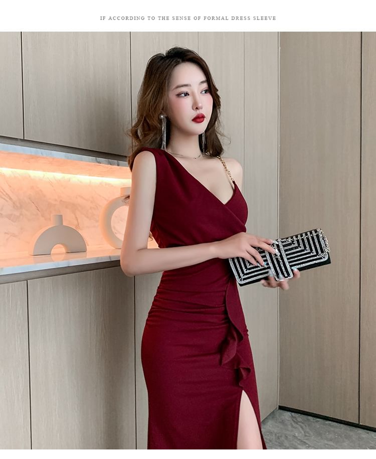 Spaghetti Strap V-Neck Plain Slit Maxi Sheath Dress