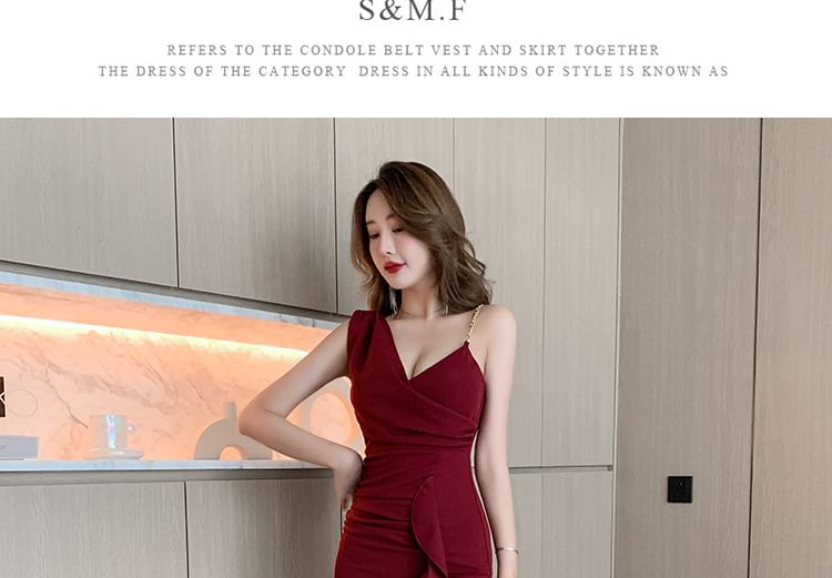 Spaghetti Strap V-Neck Plain Slit Maxi Sheath Dress