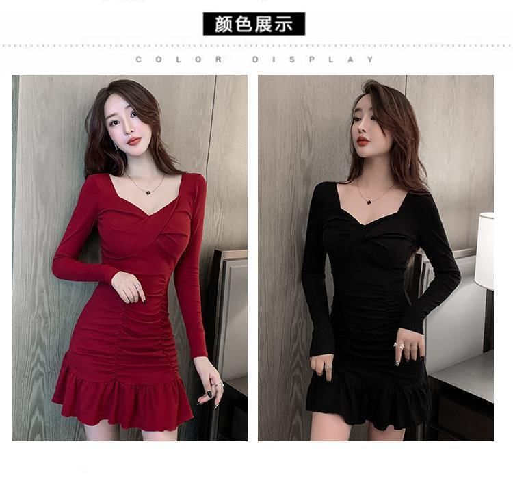 Long-Sleeve V-Neck Plain Mini Bodycon Dress