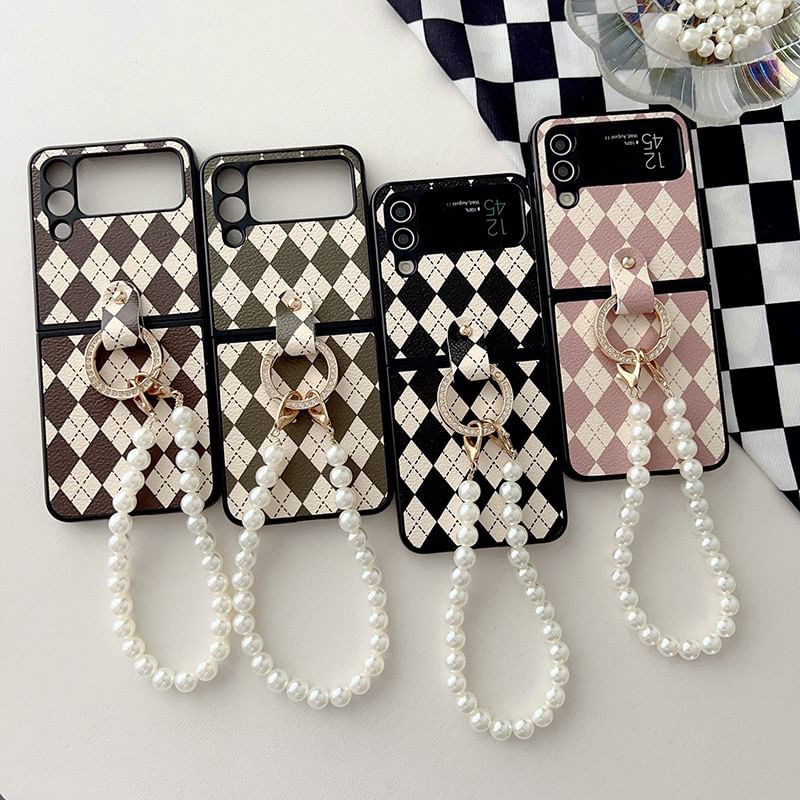 Phone Strap Pearl Faux Argyle Case