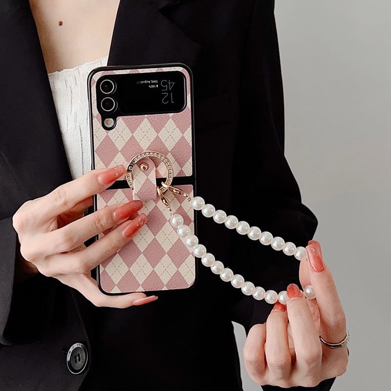 Phone Strap Pearl Faux Argyle Case