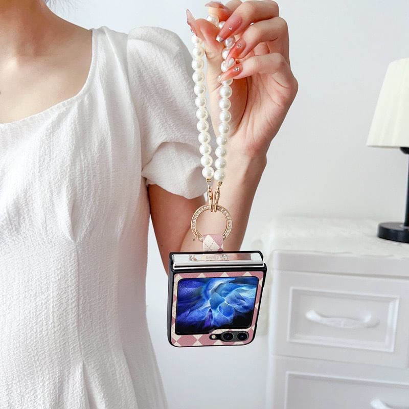 Phone Strap Pearl Faux Argyle Case