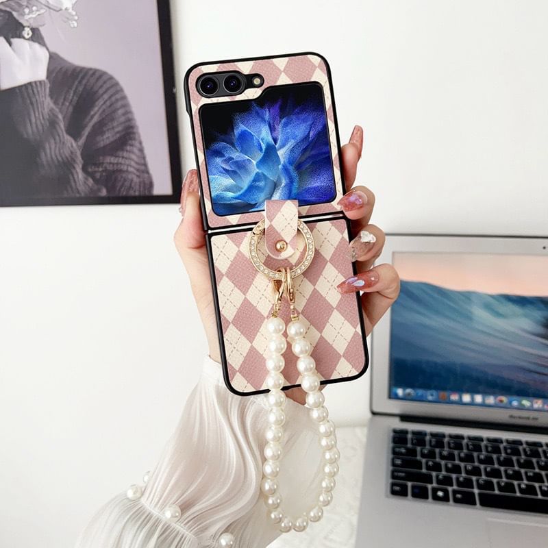 Phone Strap Pearl Faux Argyle Case