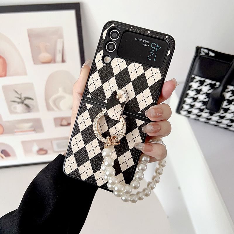Phone Strap Pearl Faux Argyle Case