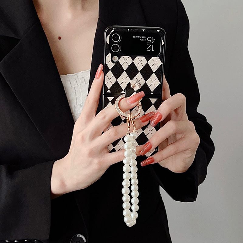 Phone Strap Pearl Faux Argyle Case