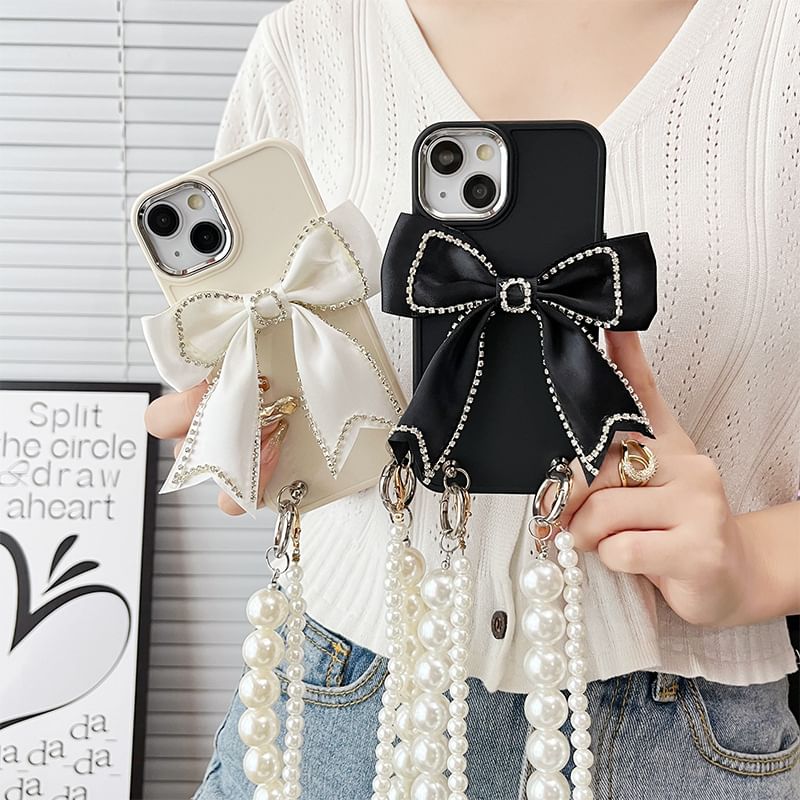 Faux Lanyard Pearl Bow Phone Case