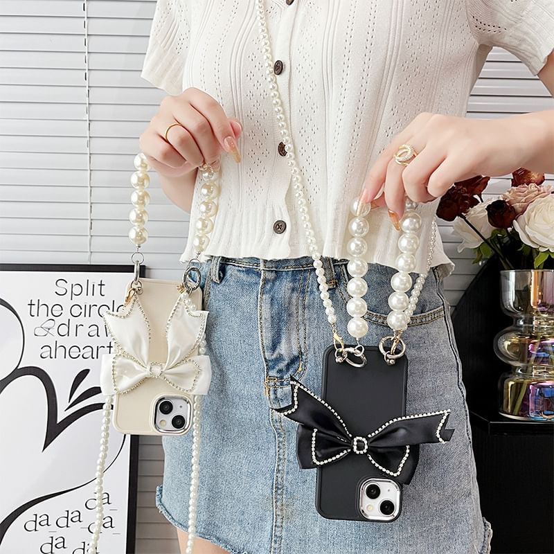 Faux Lanyard Pearl Bow Phone Case