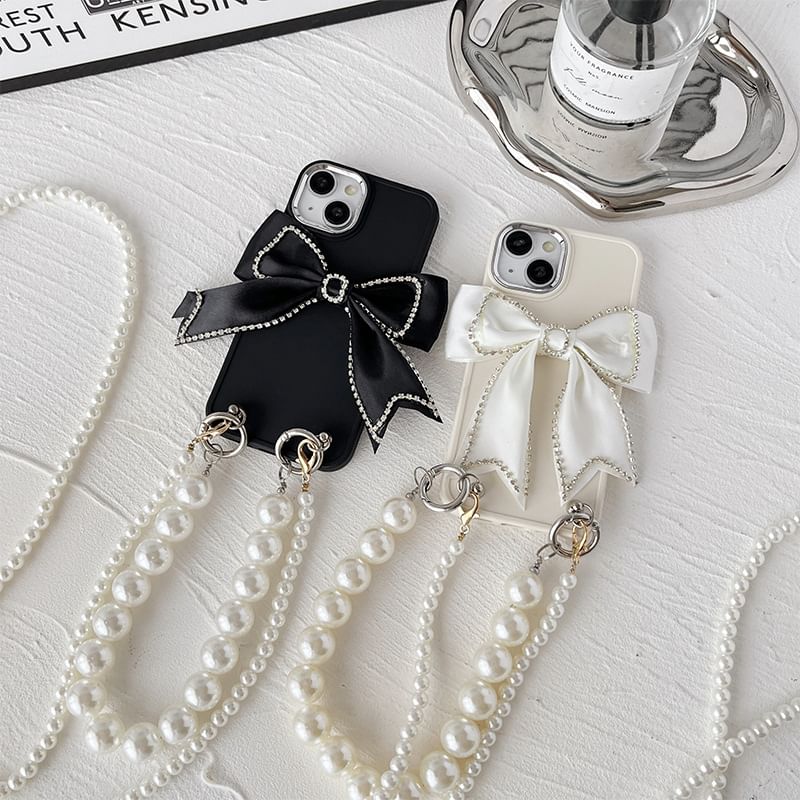 Faux Lanyard Pearl Bow Phone Case