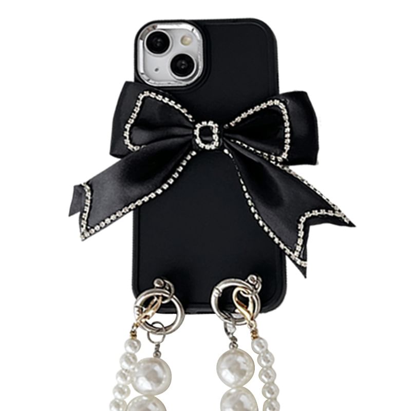 Faux Lanyard Pearl Bow Phone Case