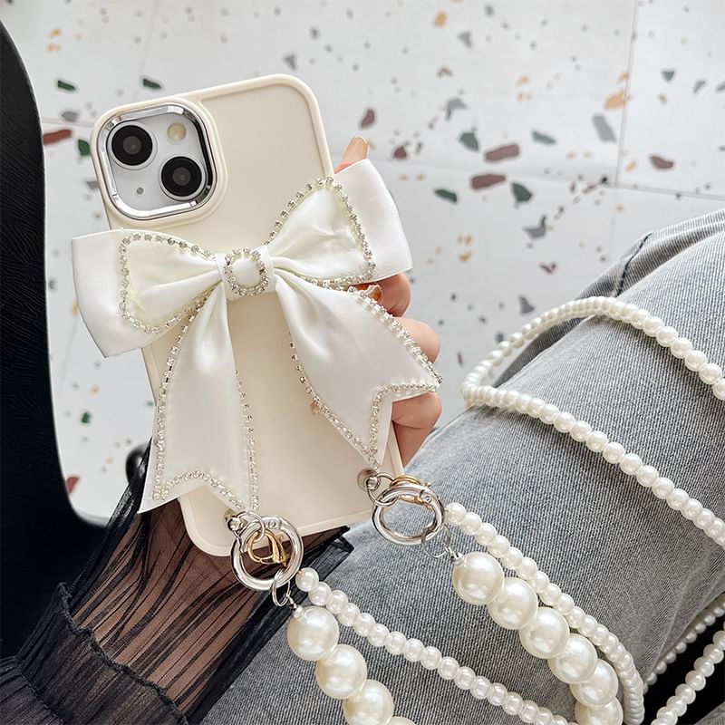 Faux Lanyard Pearl Bow Phone Case