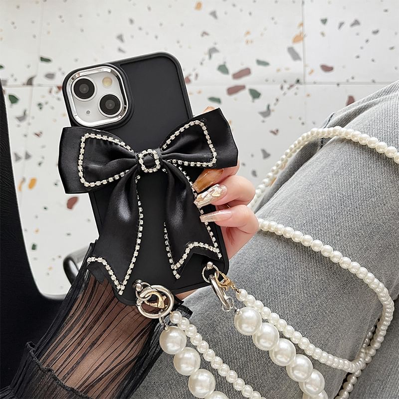 Faux Lanyard Pearl Bow Phone Case