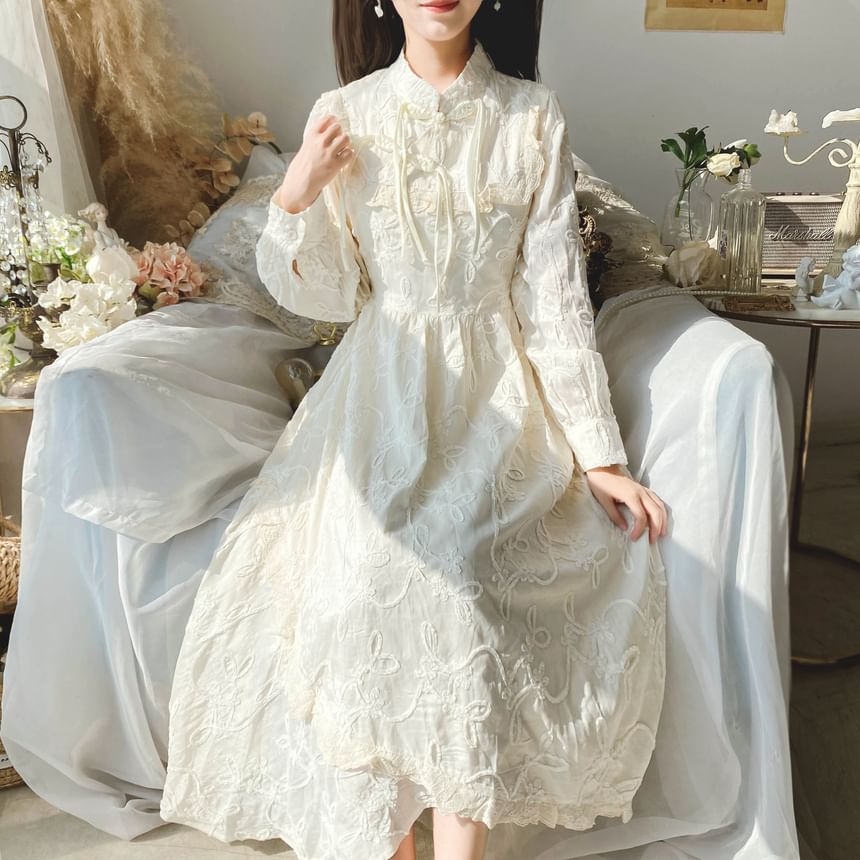 Long-Sleeve Mandarin Collar Plain Ruffle Frog Closure Midi A-Line Dress