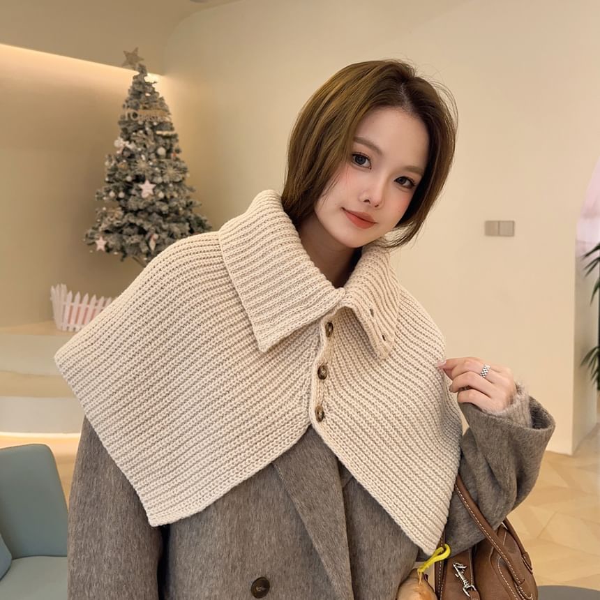 Turtleneck Plain Buttoned Knit Shawl