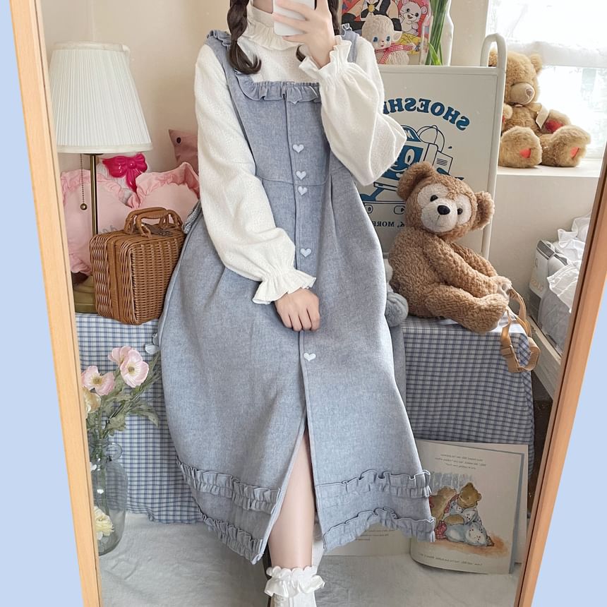 Long-Sleeve Mock Neck Plain Ruffle Top / Square Neck Plain Ruffle Heart Button Midi A-Line Overall Dress