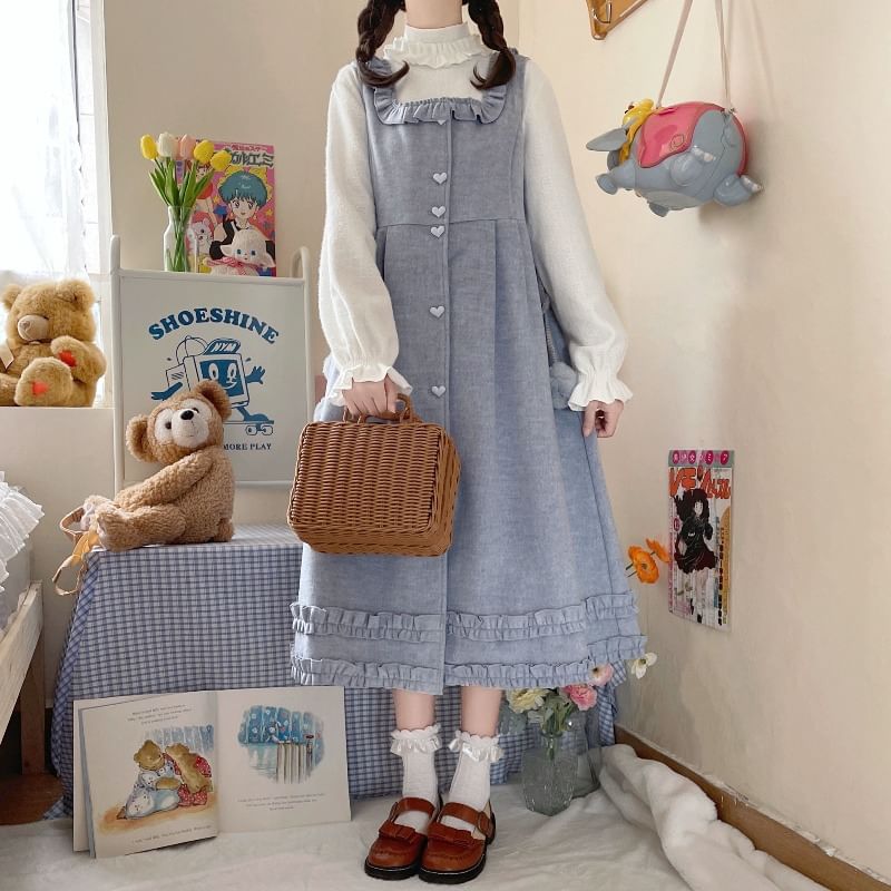 Long-Sleeve Mock Neck Plain Ruffle Top / Square Neck Plain Ruffle Heart Button Midi A-Line Overall Dress