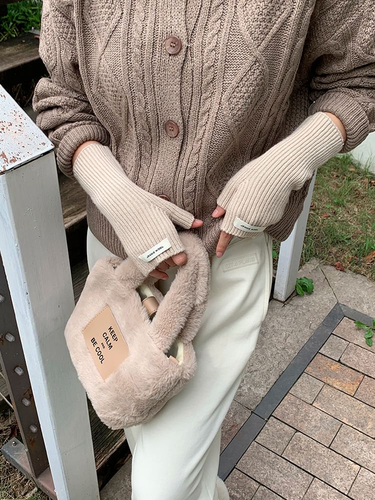 Knit Plain Ribbed Fingerless Gloves