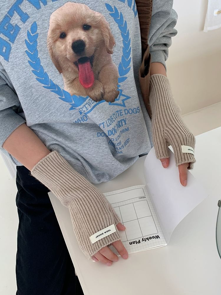 Knit Plain Ribbed Fingerless Gloves