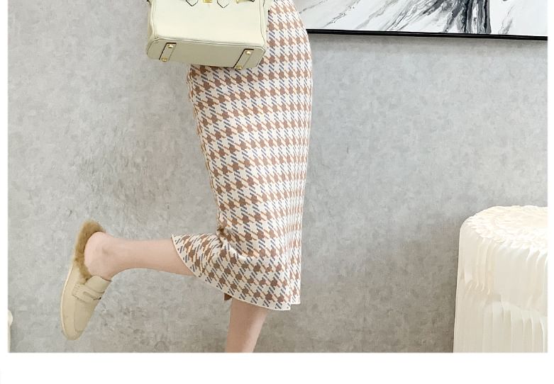 High Waist Houndstooth Midi Pencil Skirt