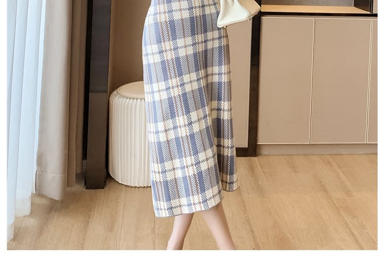 high Waist Plaid Midi Straight Skirt