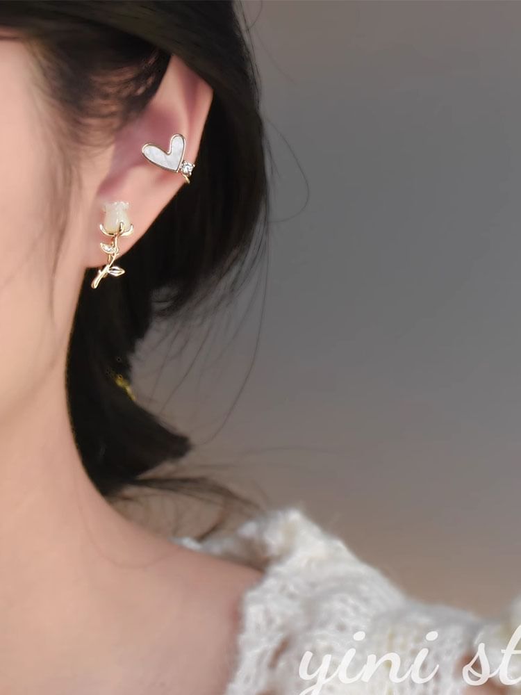 Rhinestone Stud Alloy Rose Asymmetrical Earring Heart