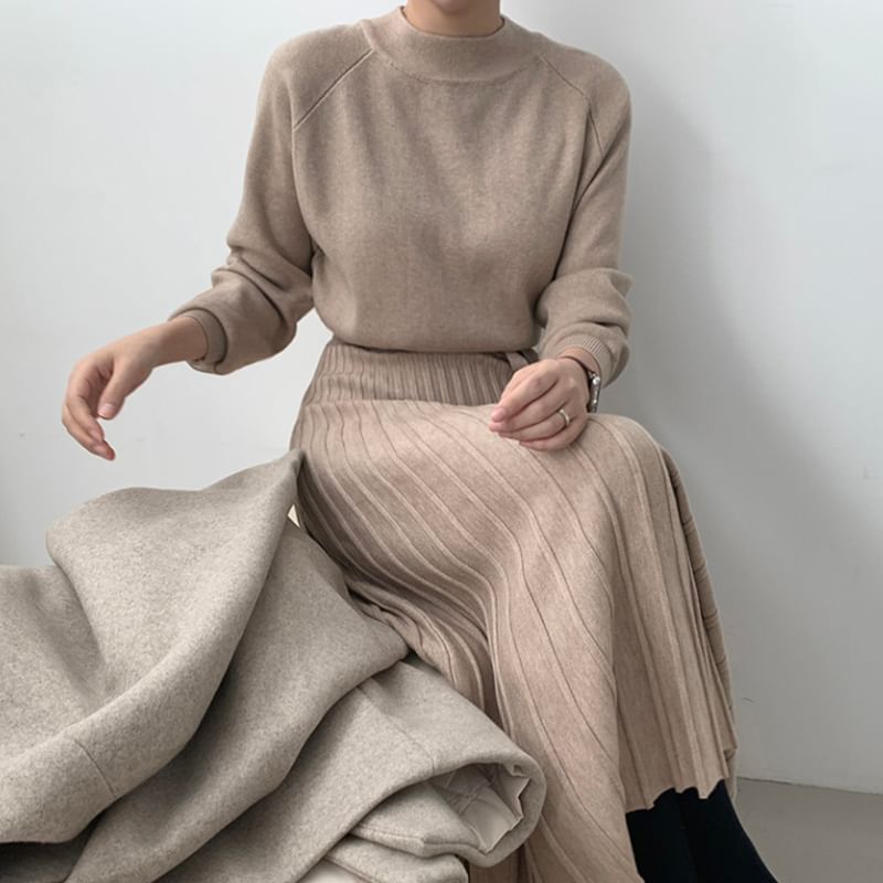 Long-Sleeve Mock Neck Plain Accordion Pleated Midi A-Line Knit Dress