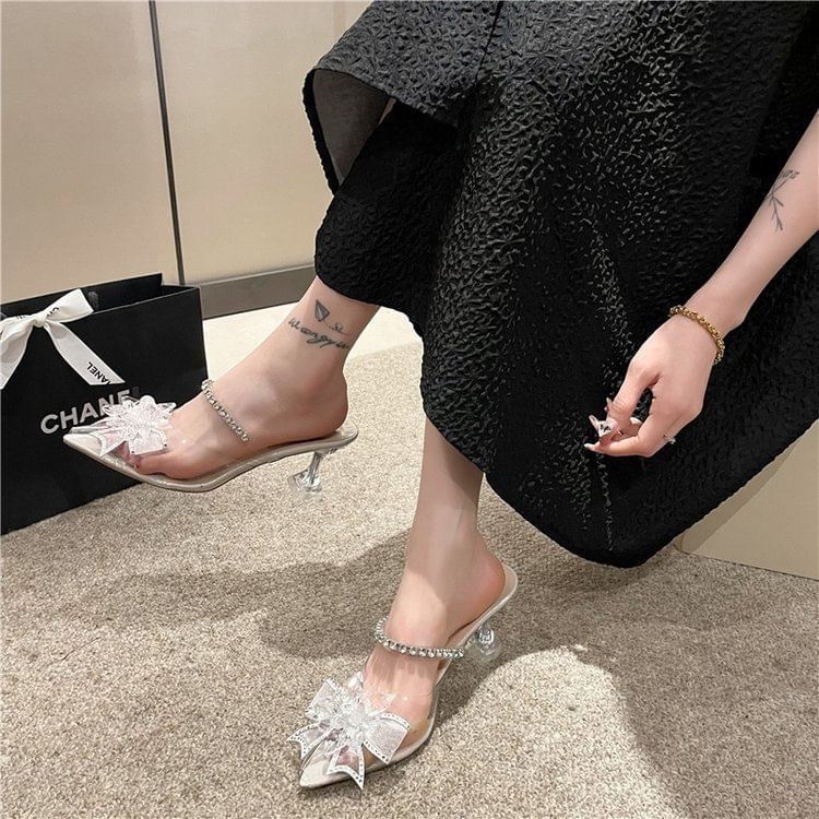 Heel Bow Mules Pointed Kitten Rhinestone