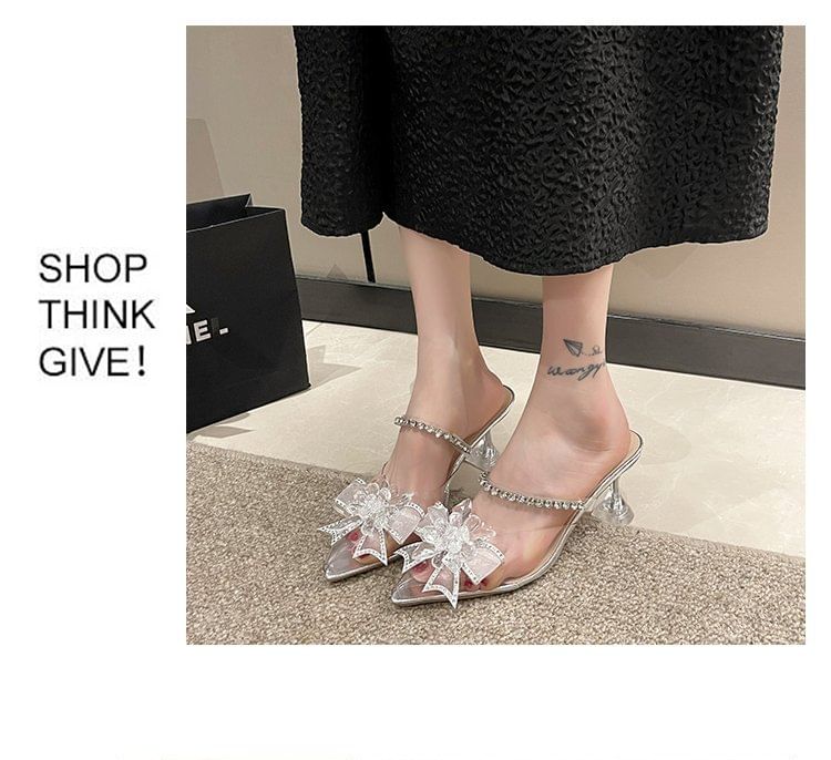 Heel Bow Mules Pointed Kitten Rhinestone
