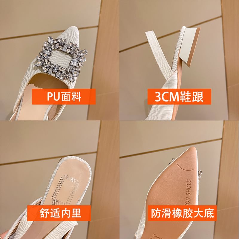 Sandals Pointed Slingback Rhinestone Chunky Heel