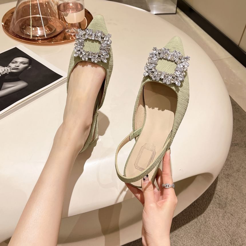 Sandals Pointed Slingback Rhinestone Chunky Heel