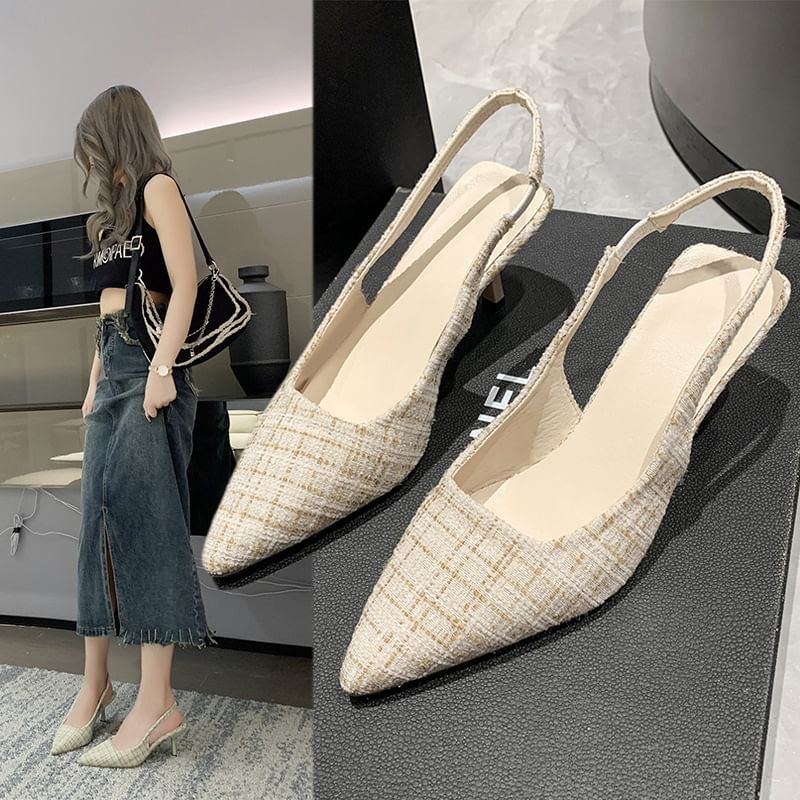 Plaid Sandals Kitten Slingback Pointed Heel