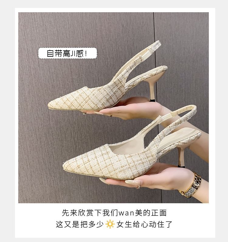 Plaid Sandals Kitten Slingback Pointed Heel