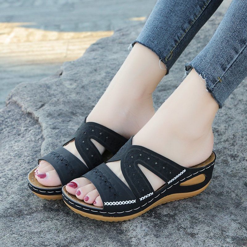 Sandals Platform Embroidered Wedge Slide Flower