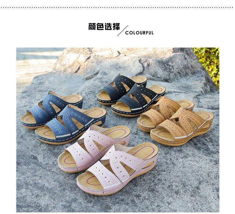 Sandals Platform Embroidered Wedge Slide Flower