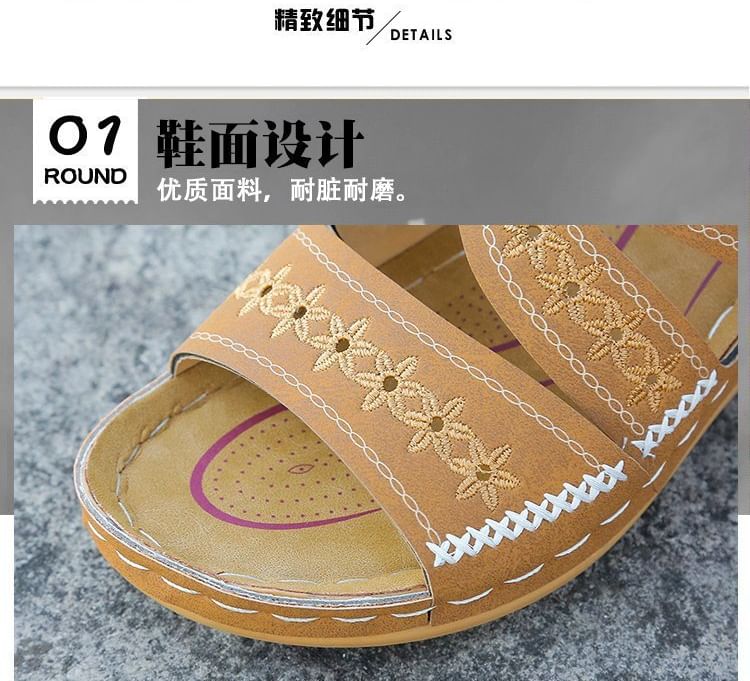 Sandals Platform Embroidered Wedge Slide Flower