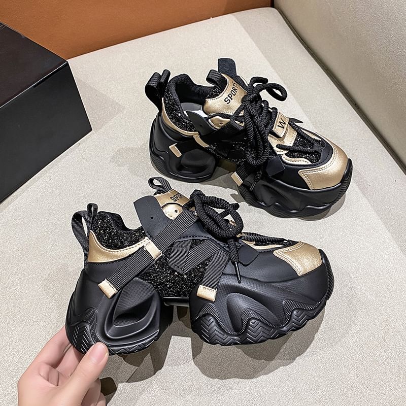 Chunky Heel Sneakers Lettering Platform