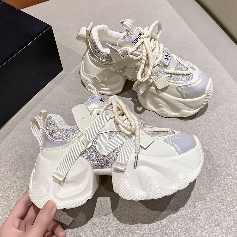 Chunky Heel Sneakers Lettering Platform