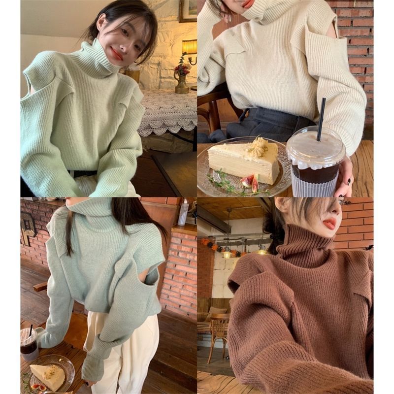 Cold-Shoulder Loose-Fit Sweater Turtleneck Plain