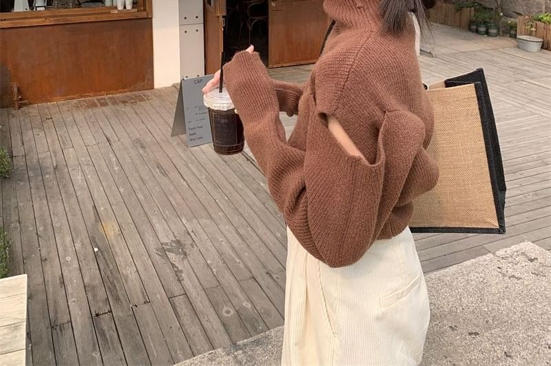 Cold-Shoulder Loose-Fit Sweater Turtleneck Plain