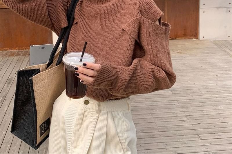 Cold-Shoulder Loose-Fit Sweater Turtleneck Plain