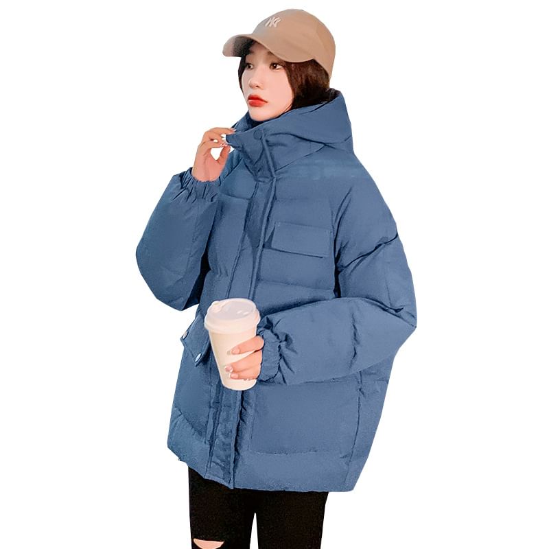 Plain Hooded Zip Puffer Jacket