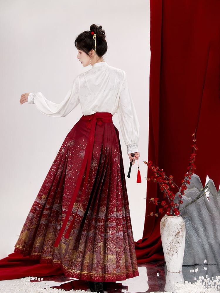 Puff-Sleeve Floral Jacquard Hanfu Top / High Waist Printed Pleated Midi Ma Mian Skirt / Set