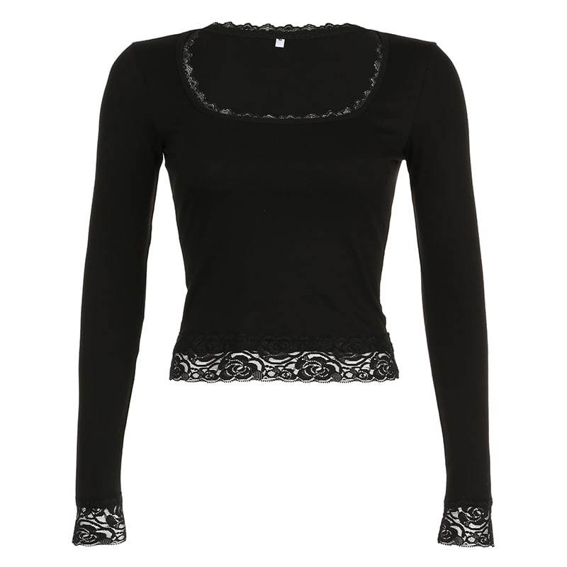 Long-Sleeve Top Cropped Lace Square-Neck