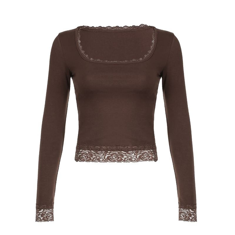 Long-Sleeve Top Cropped Square-Neck Lace
