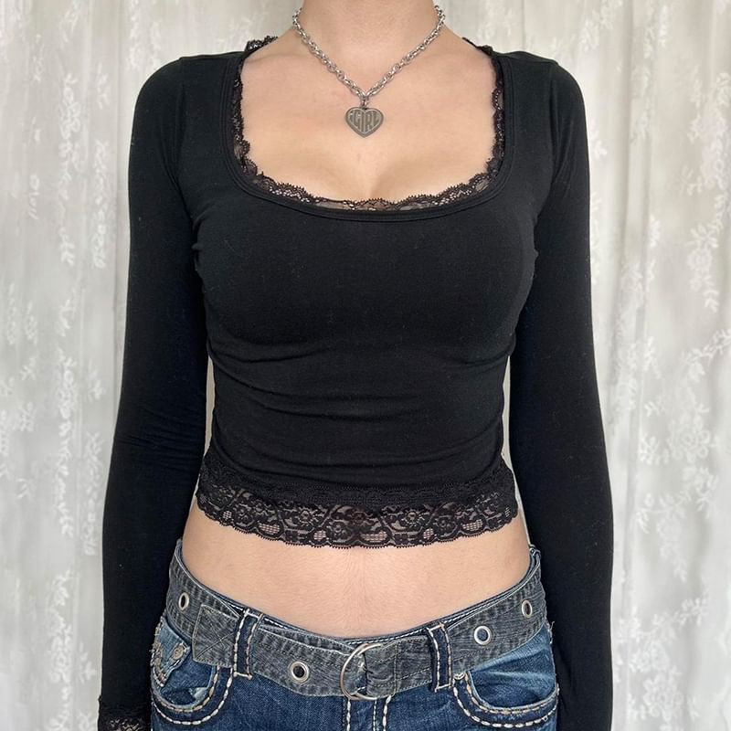 Long-Sleeve Top Cropped Lace Square-Neck