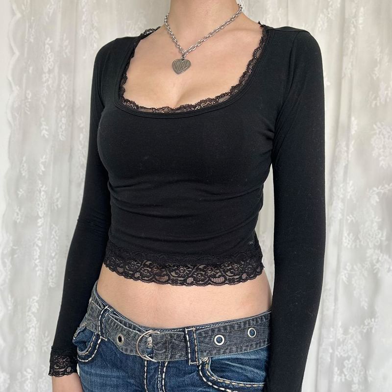 Long-Sleeve Top Cropped Lace Square-Neck