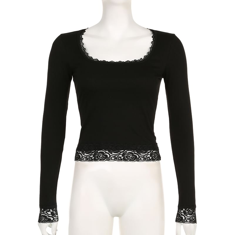 Long-Sleeve Top Cropped Square-Neck Lace