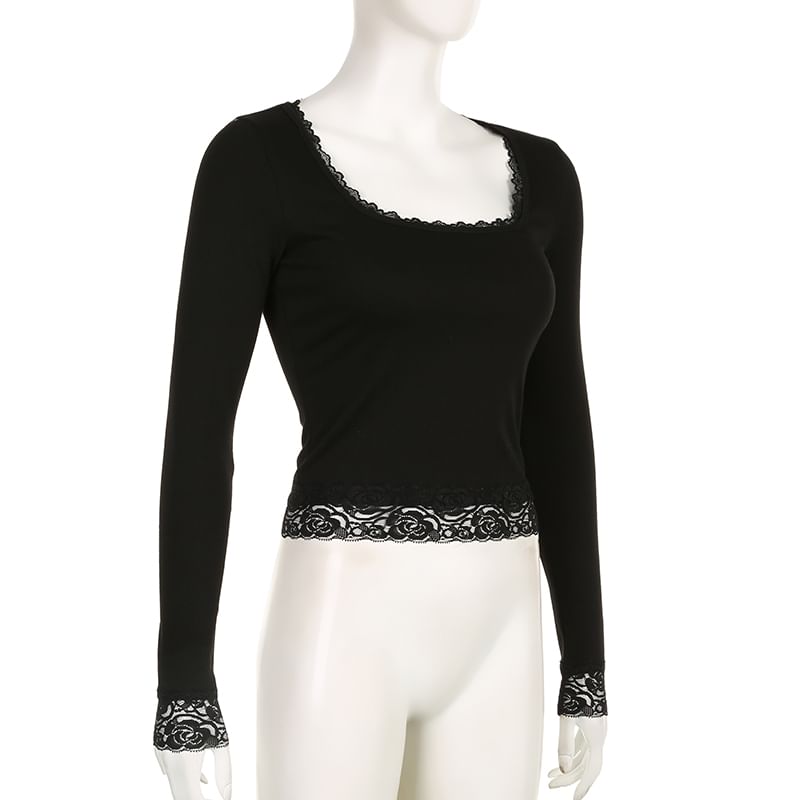 Long-Sleeve Top Cropped Square-Neck Lace