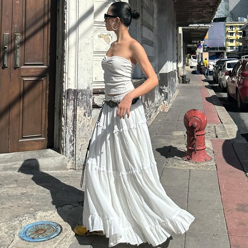 Maxi Elastic / A-Line Plain Tiered Waist Ruffle Tube Top Skirt
