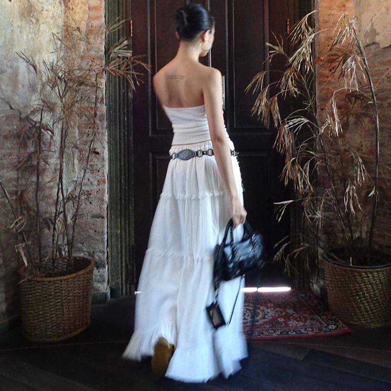 Maxi Elastic / A-Line Plain Tiered Waist Ruffle Tube Top Skirt